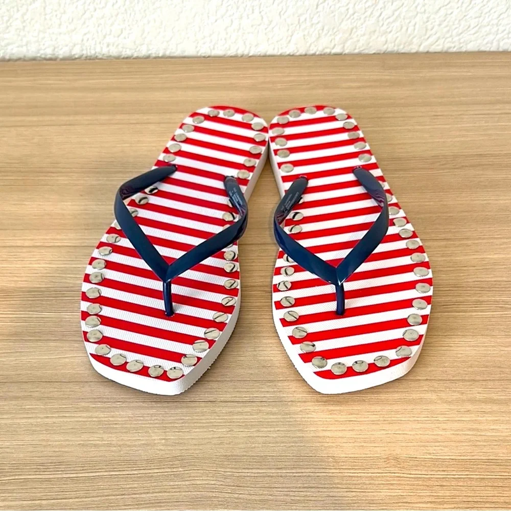 New Hand Made Red and White Striped Flip Flops - Picture 3 of 6